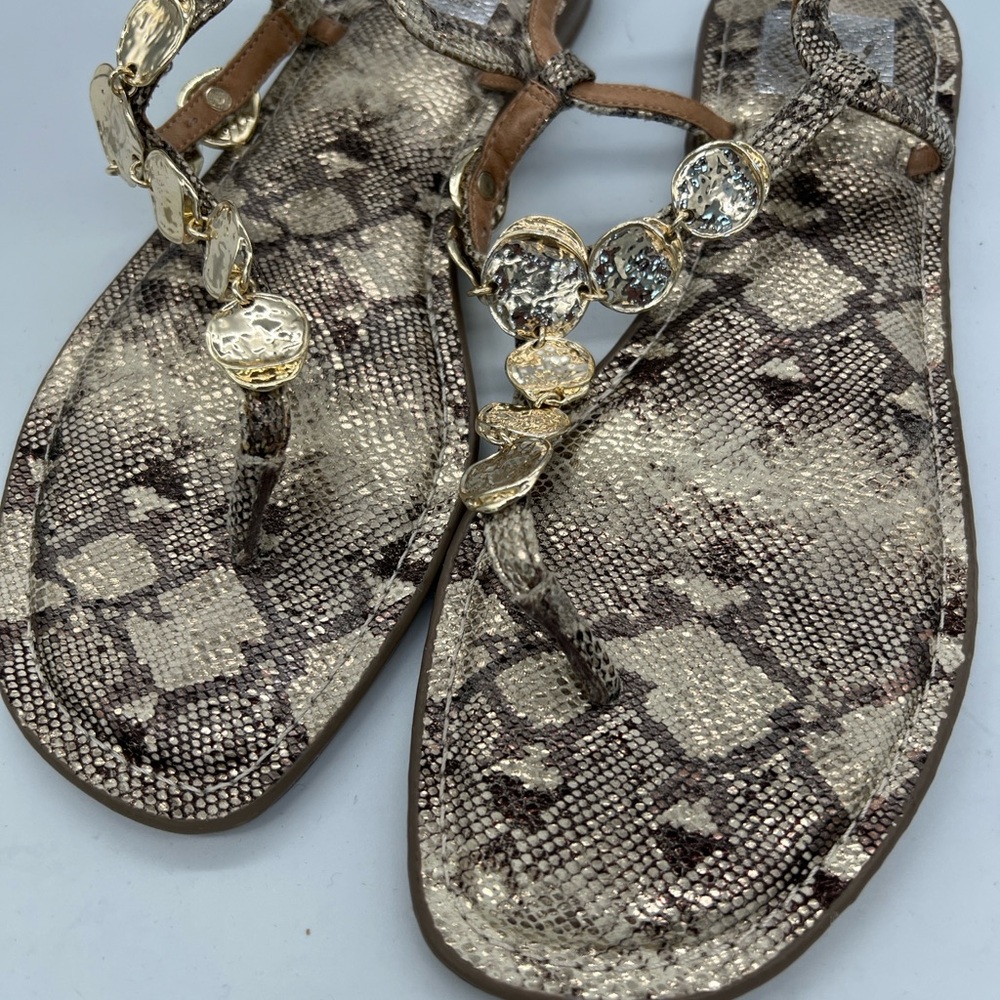 Gold Dolce Vita Snake-Print T-Strap Sandals with Gold Medallion Accents - Picture 2 of 4